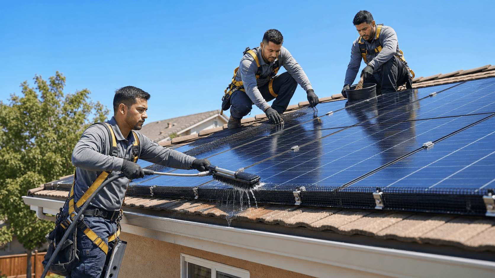 Solar panels on a sunlit rooftop with pigeons perched along the edge against a clear blue sky